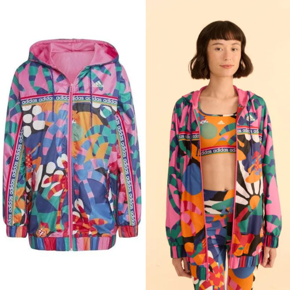 NWT ADIDAS x FARM RIO Women’s Hooded Full Zip Windbreaker Track Jacket sz Small - Picture 2 of 9